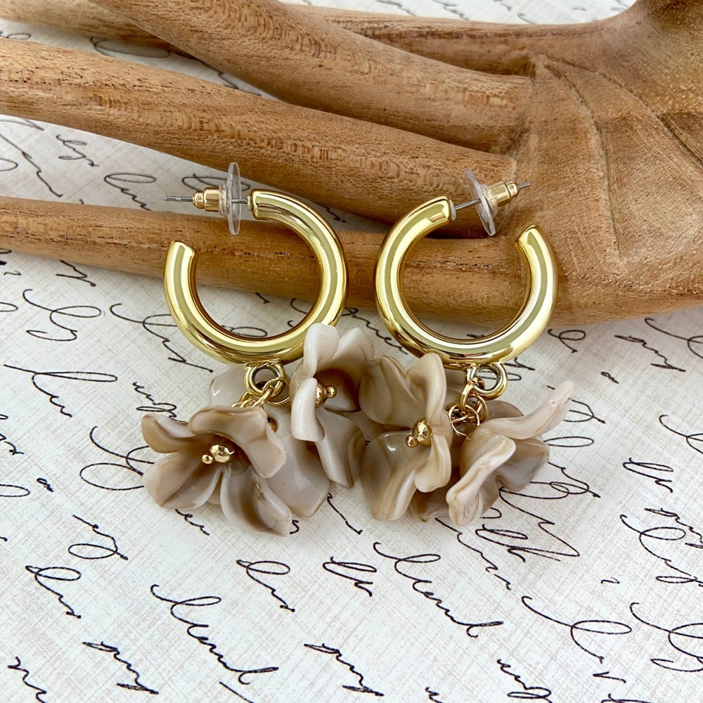 Beige Tan Acrylic Flower Petal Dangle Gold Tone Hoop Earrings